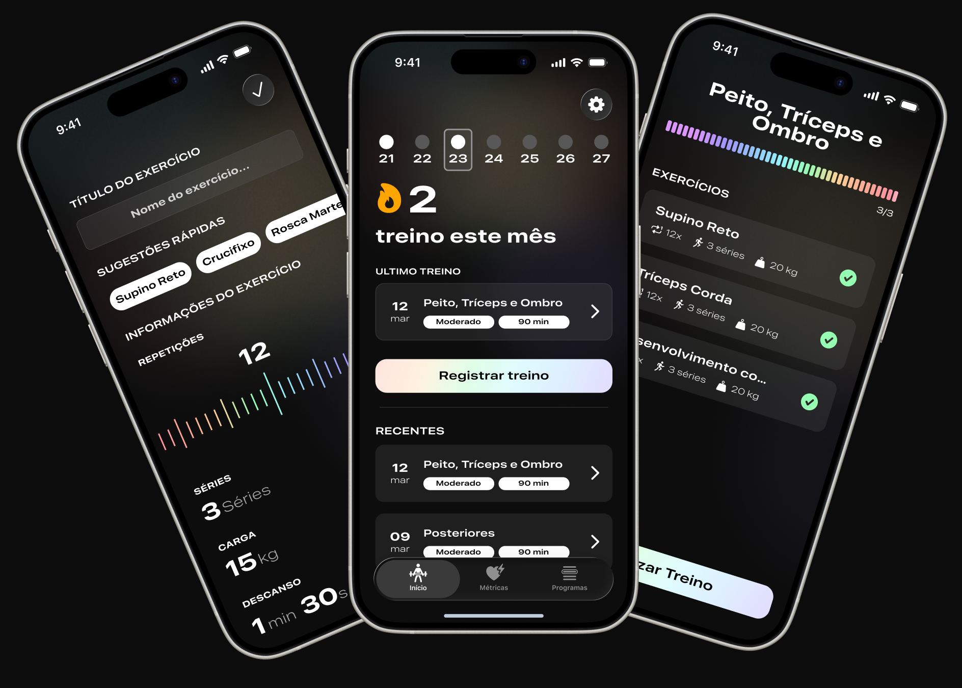 Telas do app Gympsi em três iPhones